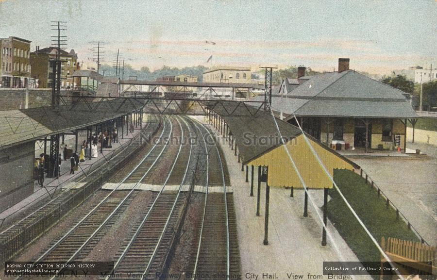 Postcard: Mount Vernon, New York.  Mount Vernon Railway Station, showing City Hall.  View from Bridge.